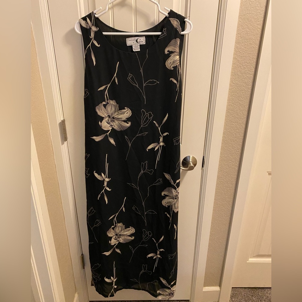 Vintage Victoria Moon L Dress Maxi Floral Black Lined 100 Polyester Sleeveless